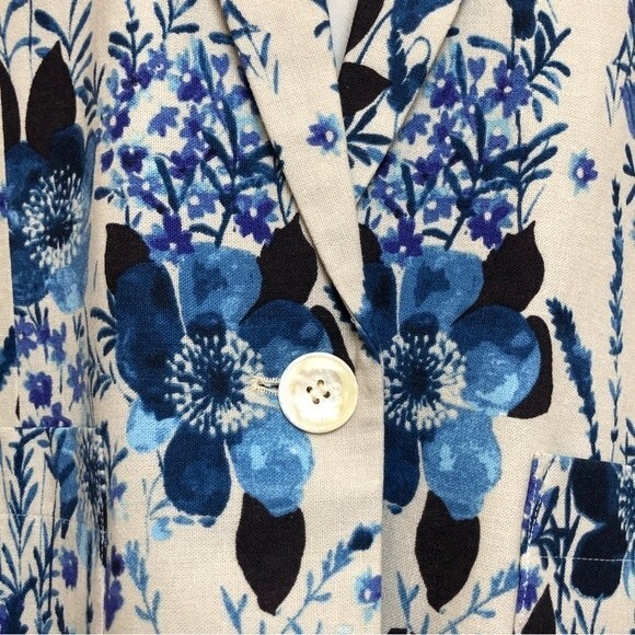 Norm Thompson Blazer Womens Large Blue Linen Floral Watercolor Blend One Button - Picture 4 of 15